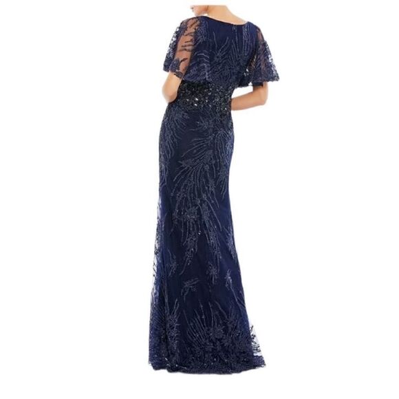 Mac Duggal 67493 Navy Blue Lace Beaded Sheer Flutter Sleeve Gown| Size 10 - Picture 4 of 14